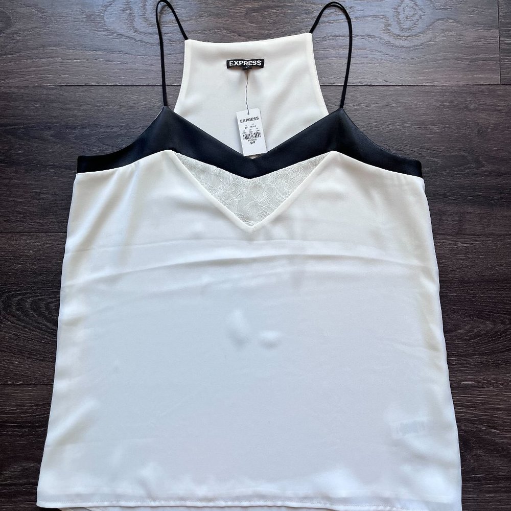 Express NWT Black & White Spaghetti Strap Tank Size Small, Faux Leather and Lace